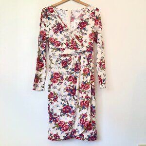 NEW NWT MEAVEOR Beige White Red Blue Floral Polka Dot Faux Wrap Dress Medium M